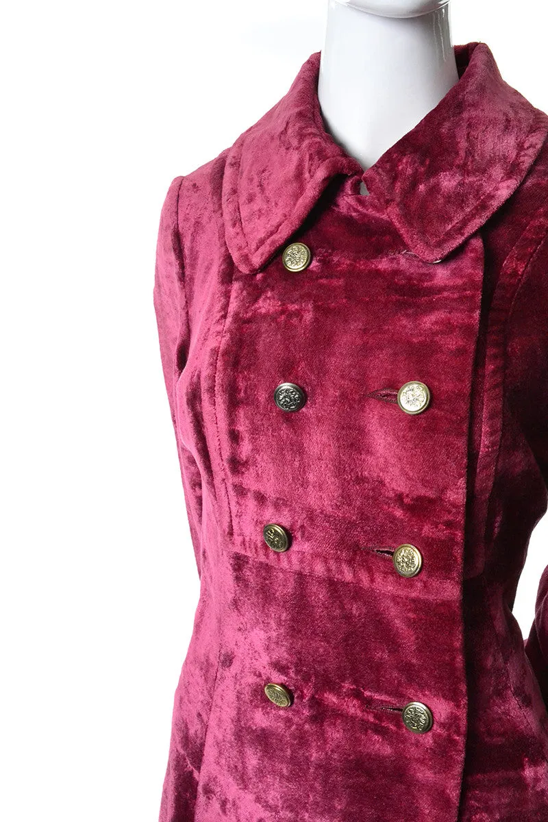 1960s Vintage Raspberry Red Crushed Velvet Coat Double Breasted Brass Buttons