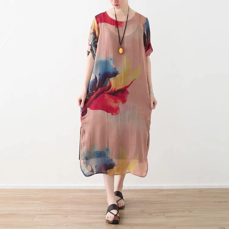 2018 nude prints chiffon dress plus size clothing side open chiffon clothing dresses fine o neck maxi dresses