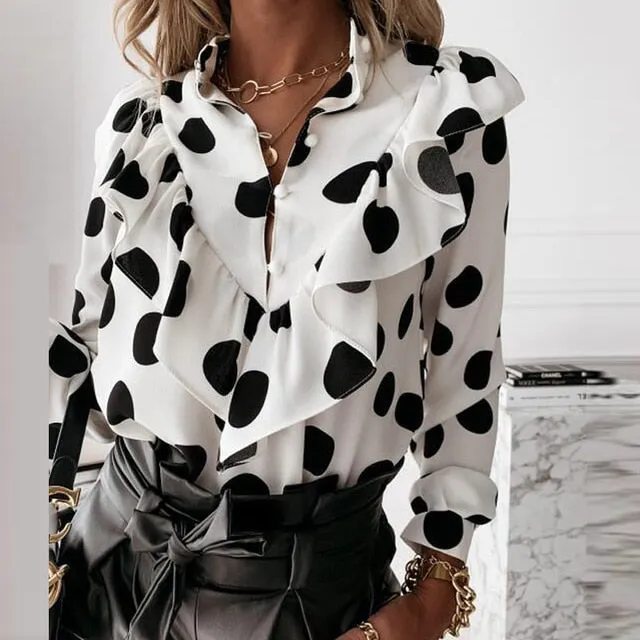 2021 Summer Elegant Polka Dot Ruffle blouse shirts Women Autumn Long Sleeve V-Neck Pullover Tops Sizes S - 3XL