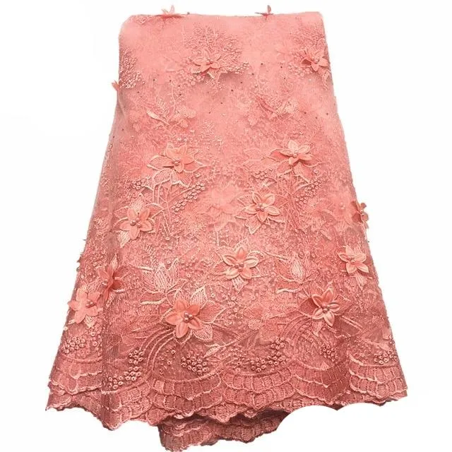 3D Floral Beaded French Net African Lace Fabric 5 Yards