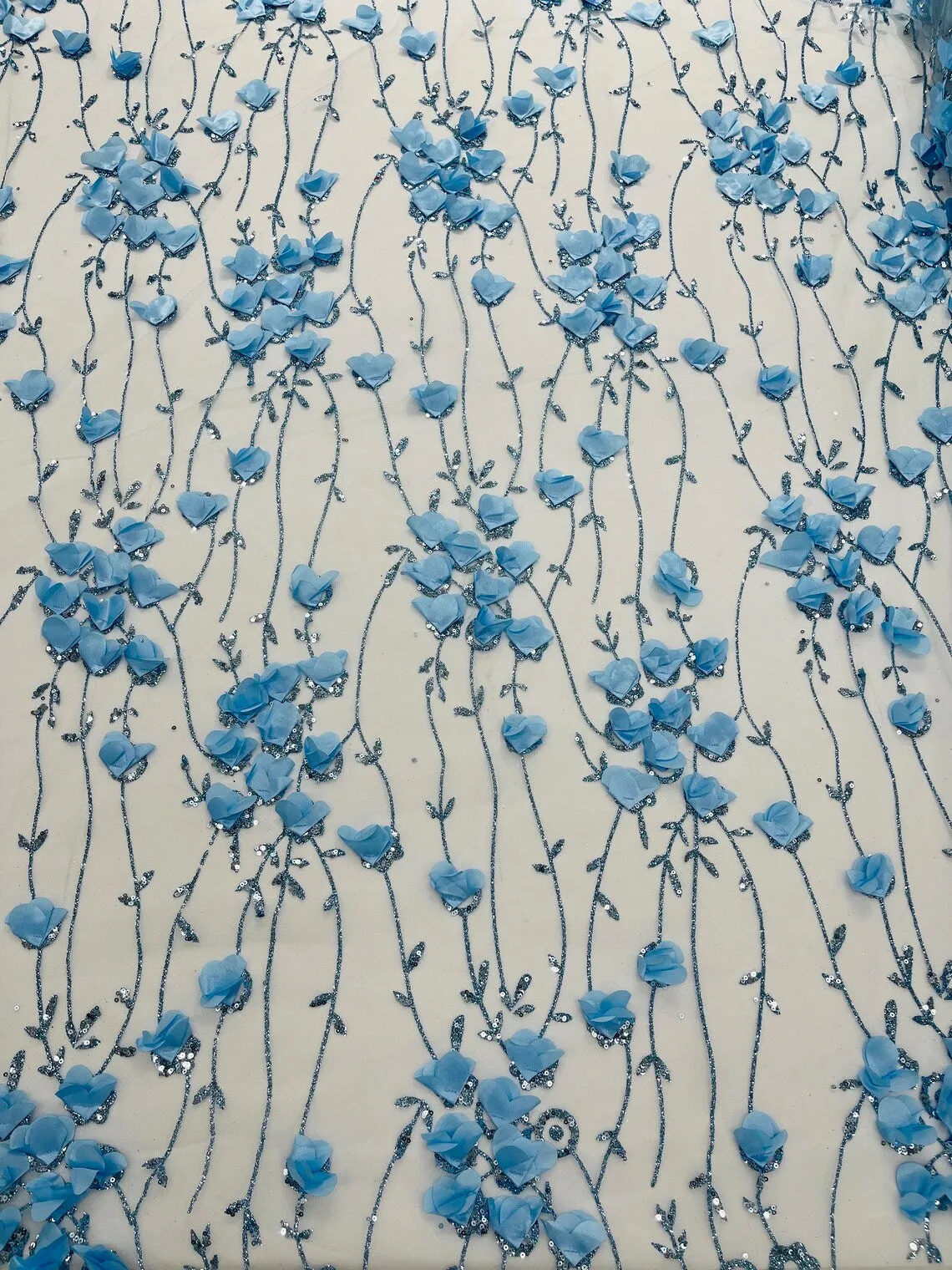 3D Floral Glitter Fabric - 3D Flowers Design with Glitter and Sequins on Mesh Sold By Yard