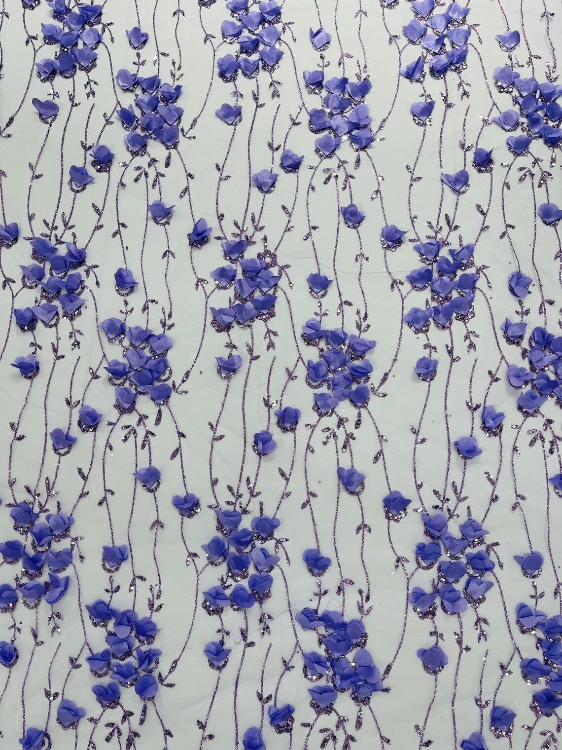 3D Floral Glitter Fabric - 3D Flowers Design with Glitter and Sequins on Mesh Sold By Yard