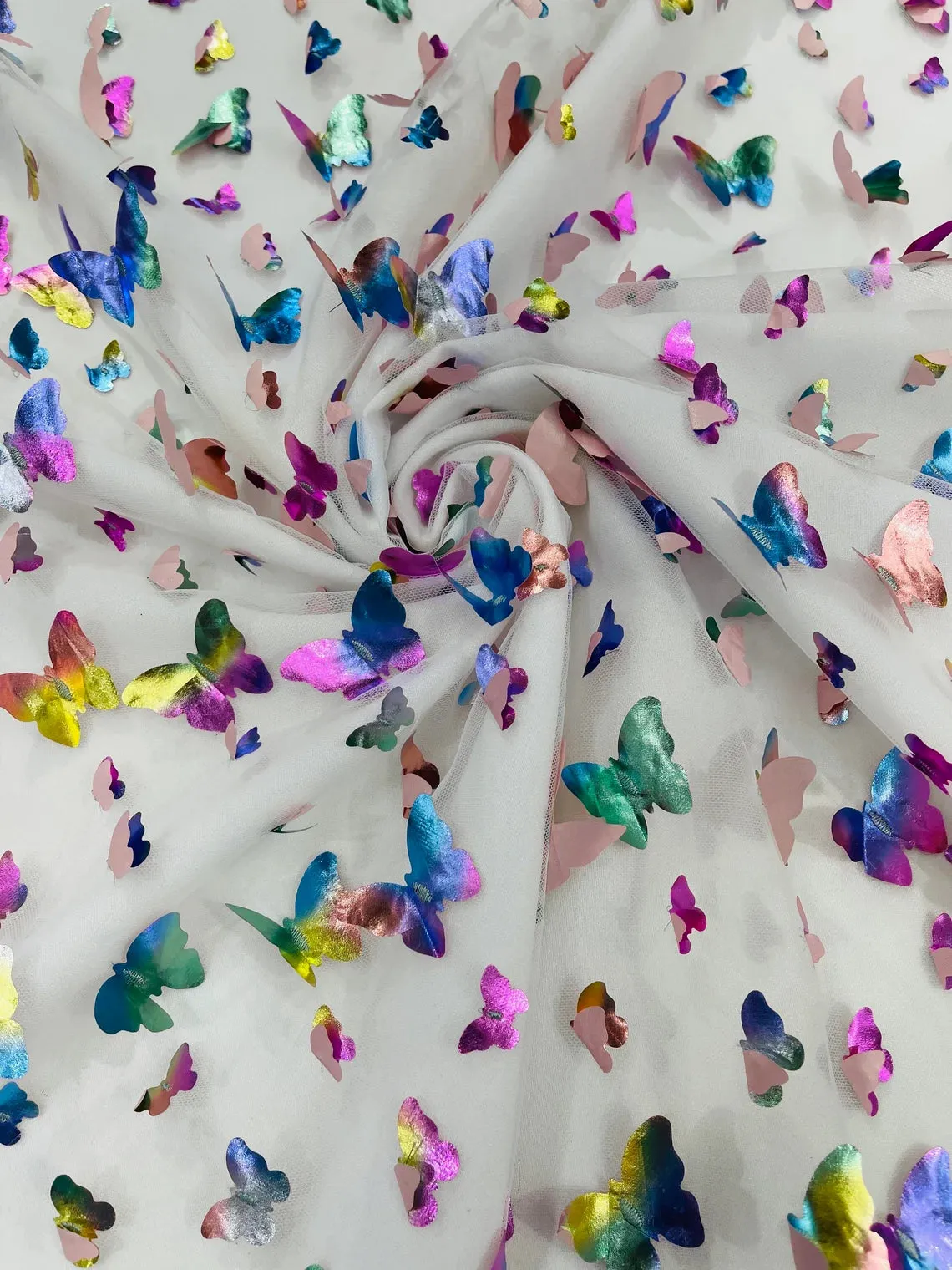 3D Holographic Rainbow Shapes Fabric - 3D Holographic Butterfly / Flower / Stars on Mesh By Yard