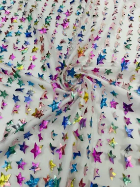 3D Holographic Rainbow Shapes Fabric - 3D Holographic Butterfly / Flower / Stars on Mesh By Yard