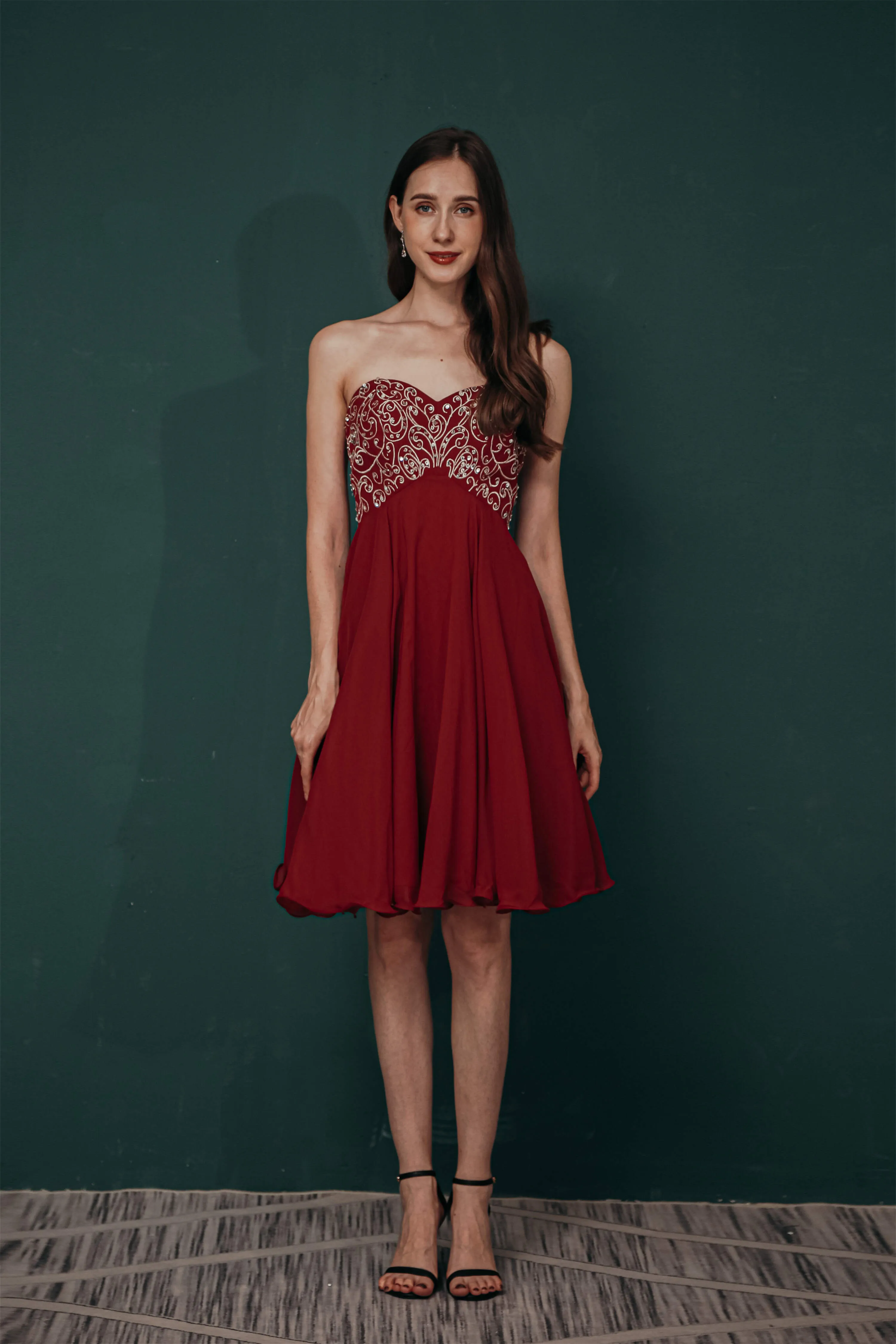 A-line Embroidery Chiffon Short Strapless Corset Back Beaded Homecoming Dresses