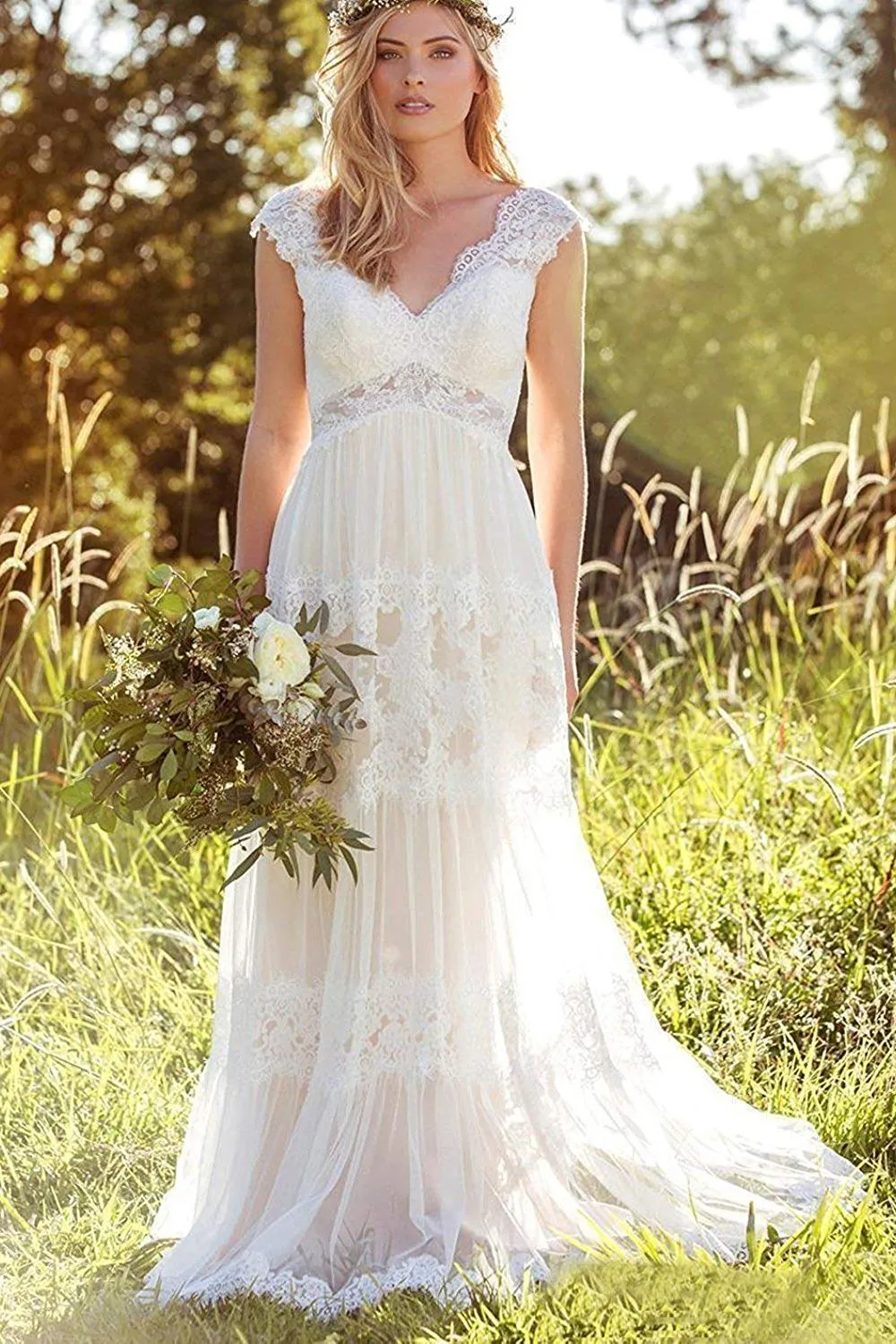 A Line Lace Straps Wedding Dresses Ivory Backless Long Bridal Dresses WK817