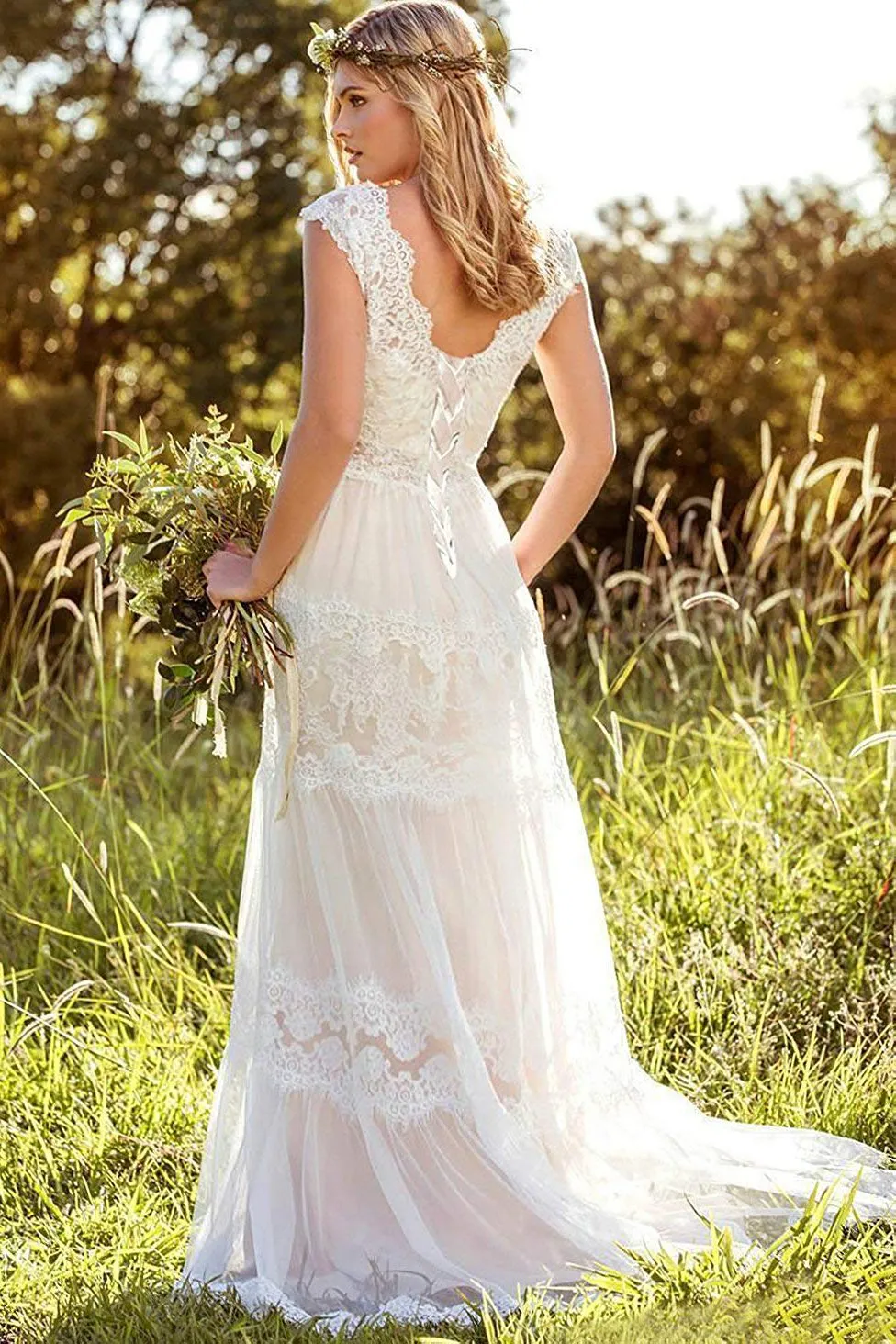 A Line Lace Straps Wedding Dresses Ivory Backless Long Bridal Dresses WK817