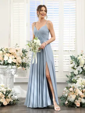 A-Line Ruched V-Neck Spaghetti Straps Split Side Floor-Length Chiffon Bridesmaid Dresses