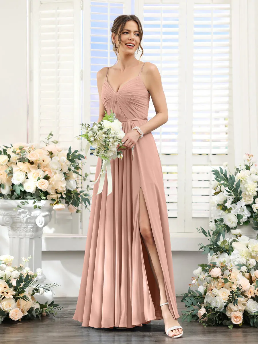 A-Line Ruched V-Neck Spaghetti Straps Split Side Floor-Length Chiffon Bridesmaid Dresses