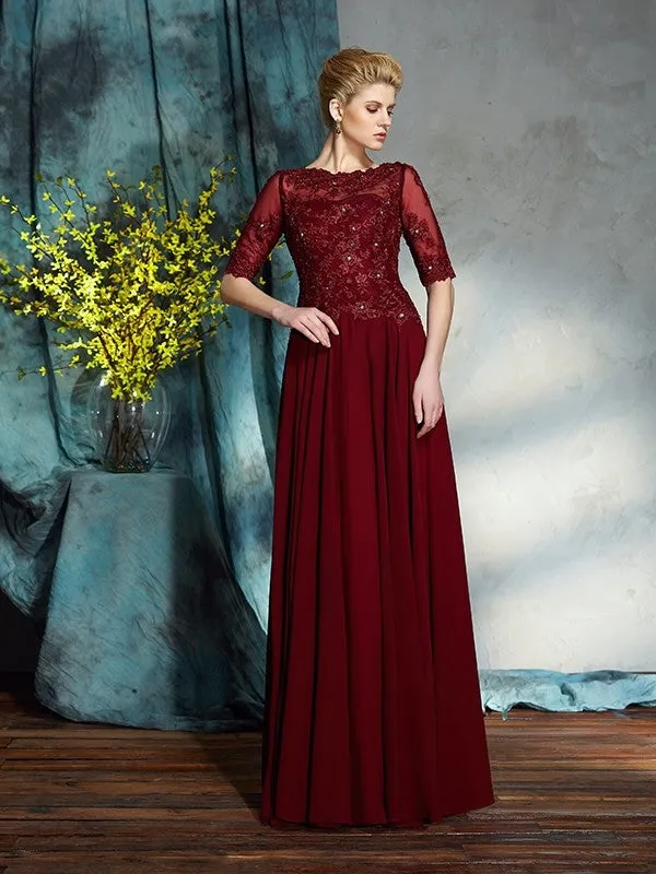 A-Line/Princess Bateau Applique 1/2 Sleeves Long Chiffon Mother of the Bride Dresses