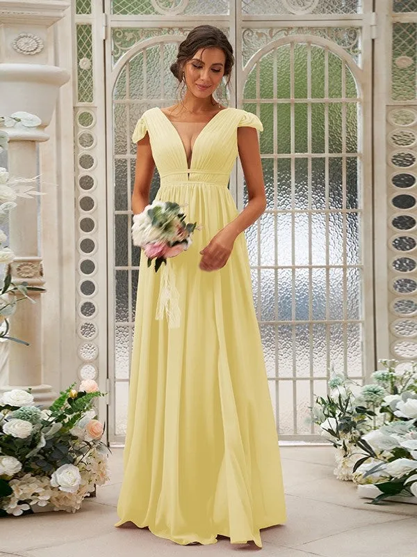 A-Line/Princess Chiffon Ruffles V-neck Sleeveless Sweep/Brush Train Bridesmaid Dresses