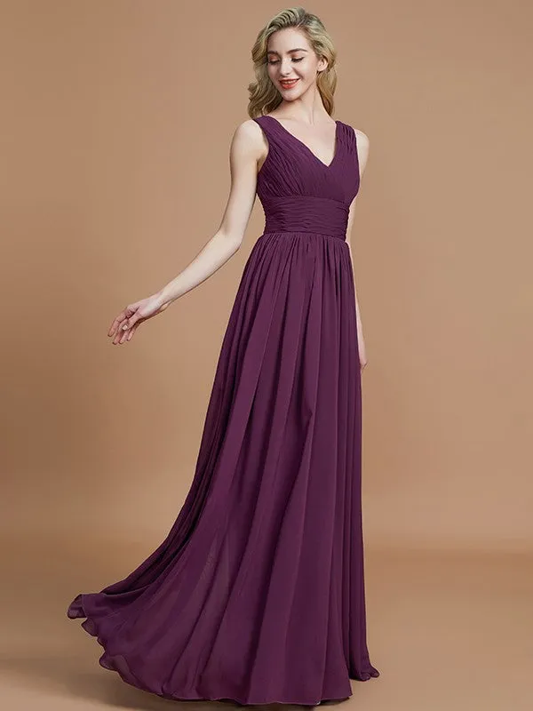 A-Line/Princess Sleeveless V-neck Floor-Length Chiffon Bridesmaid Dresses