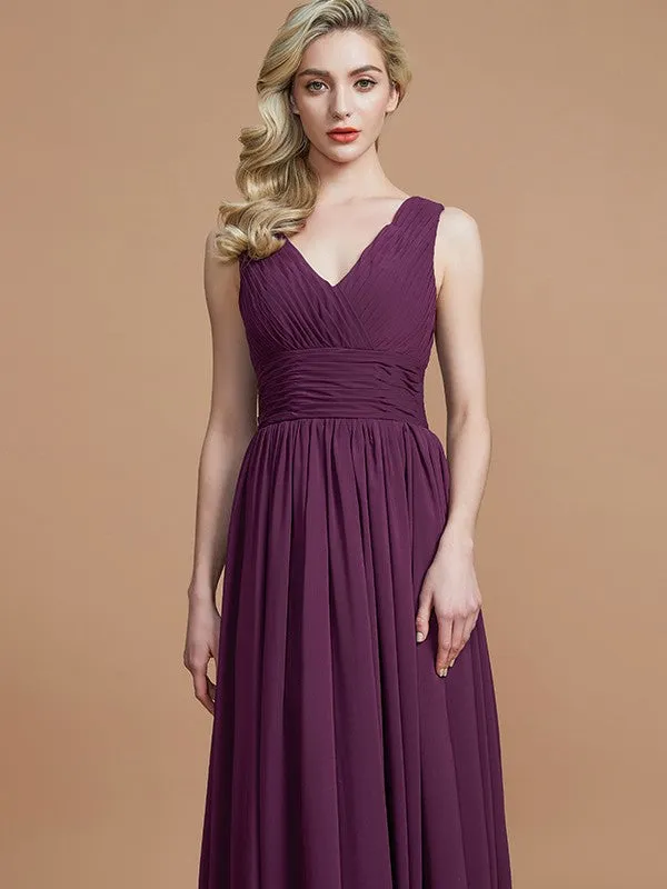 A-Line/Princess Sleeveless V-neck Floor-Length Chiffon Bridesmaid Dresses