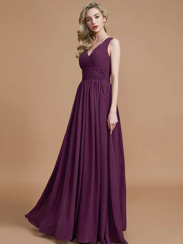 A-Line/Princess Sleeveless V-neck Floor-Length Chiffon Bridesmaid Dresses