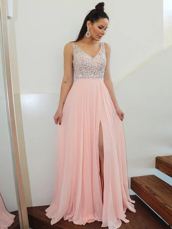 A-Line/Princess Straps Beading Sleeveless Chiffon Floor-Length Dresses