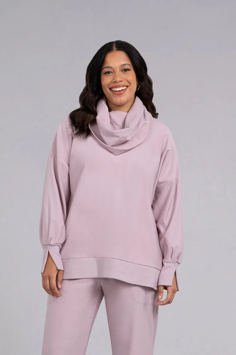 Bamboo Fleece Cowl Neck Pleat Sleeve Top | Lilac