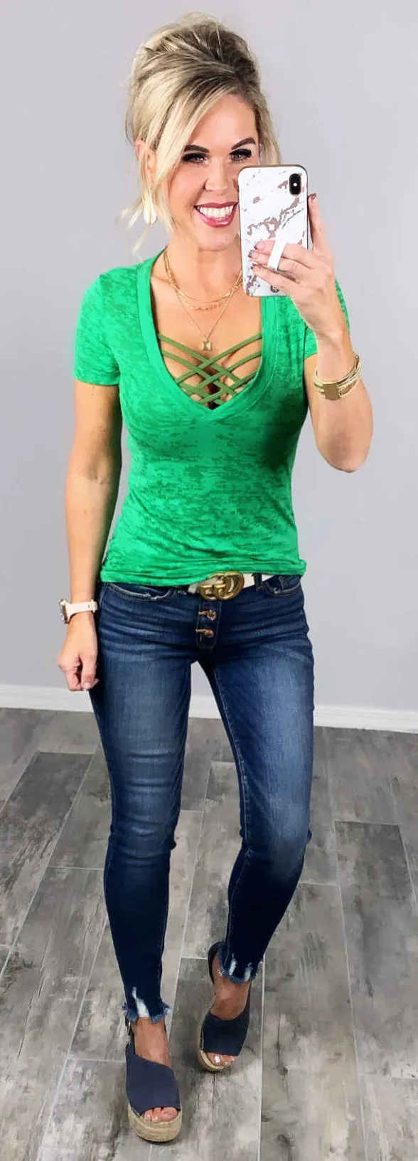 BASIC BURNOUT DEEP V-NECK TEE - GREEN