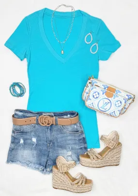 BASIC SHORT SLEEVE DEEP V TEE - Turquoise