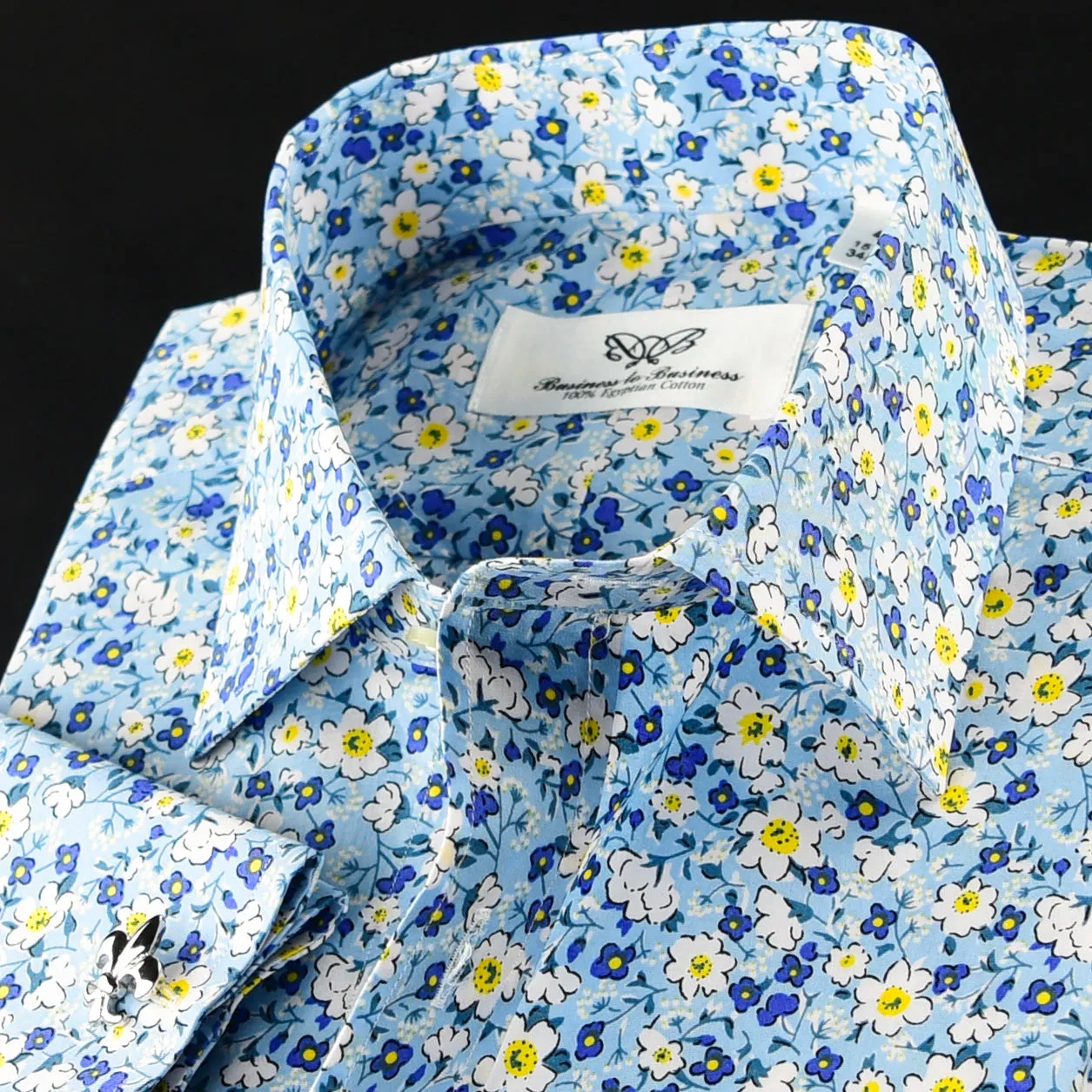 Beautiful Blue Flower Print Fabric Dress Shirt French Cuff For Holiday Wear