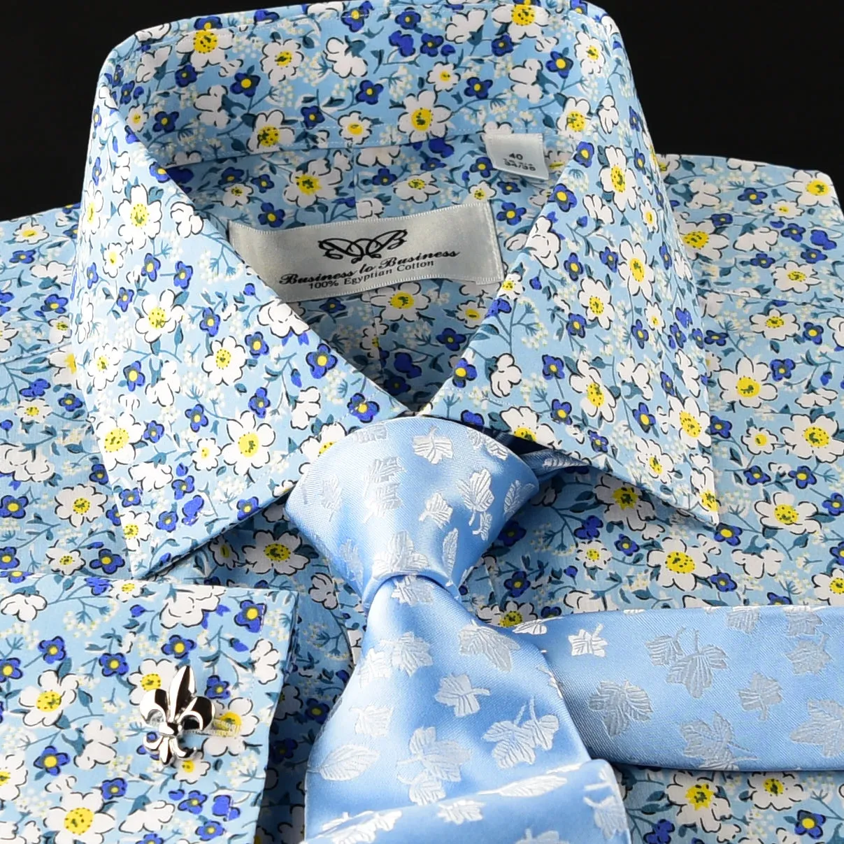 Beautiful Blue Flower Print Fabric Dress Shirt French Cuff For Holiday Wear