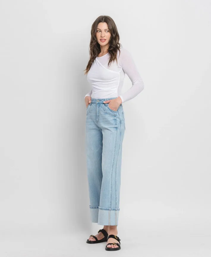 BEST SELLER High Rise Cuffed Baggy Wide Leg Jeans (light)