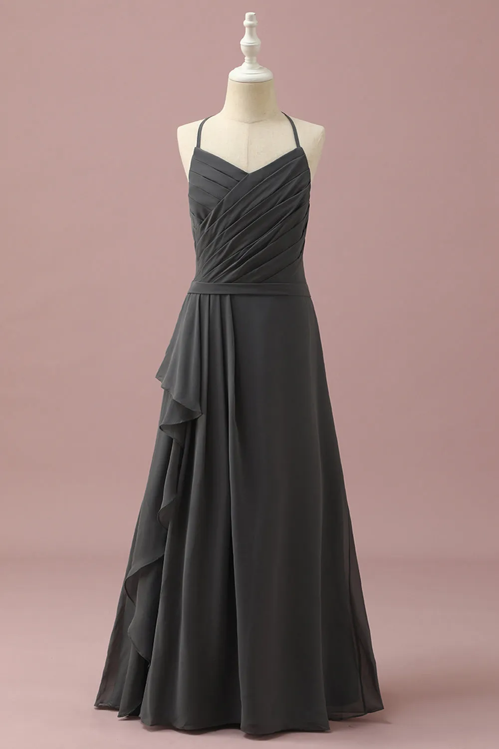 Black Halter Neck A-Line Junior Bridesmaid Dress With Cascading Ruffles