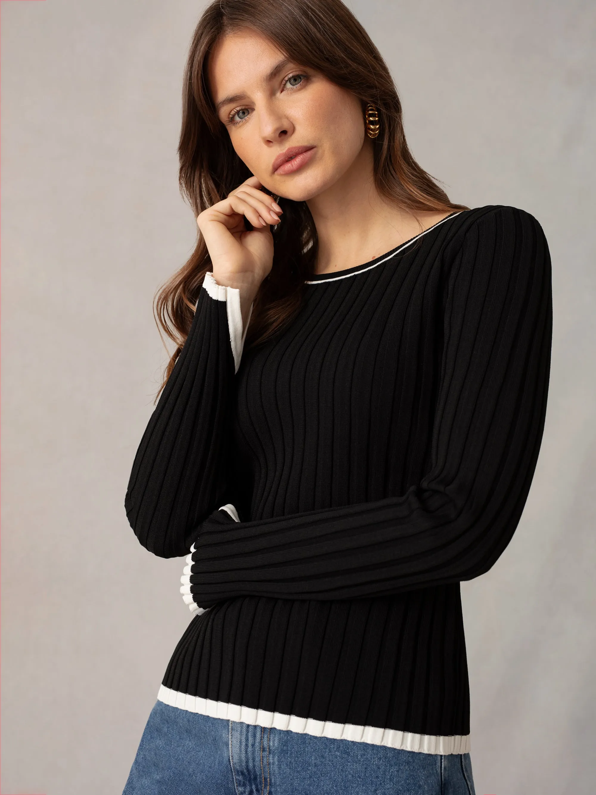 Black Rib Knit Contrast Neckband Top