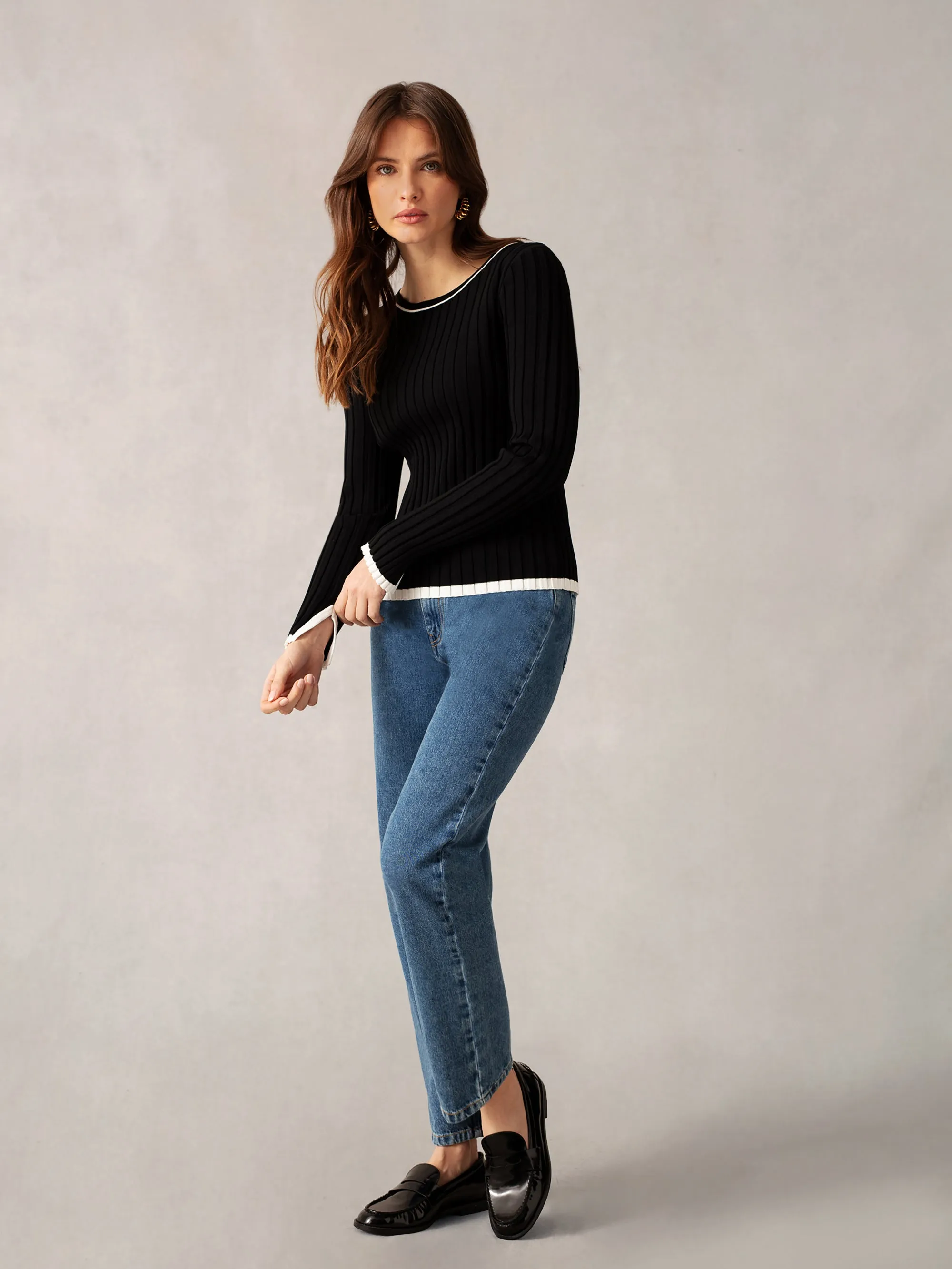 Black Rib Knit Contrast Neckband Top