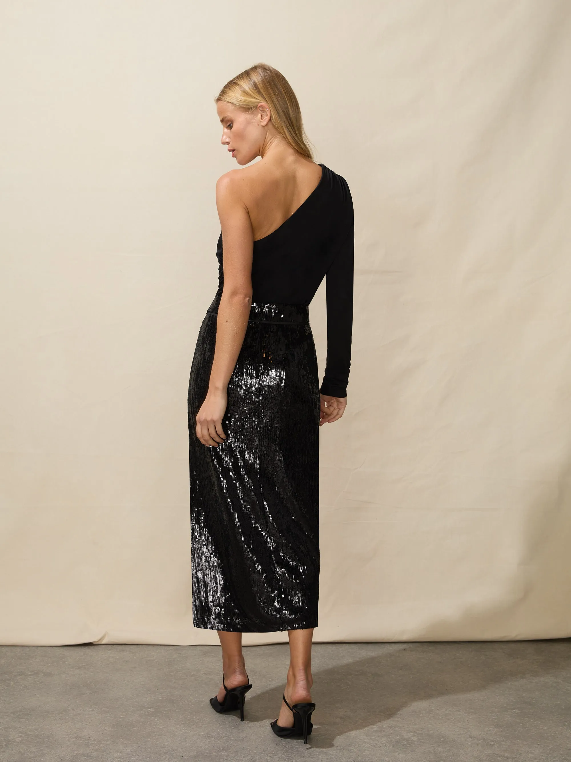 Black Sequin Split Front Skirt