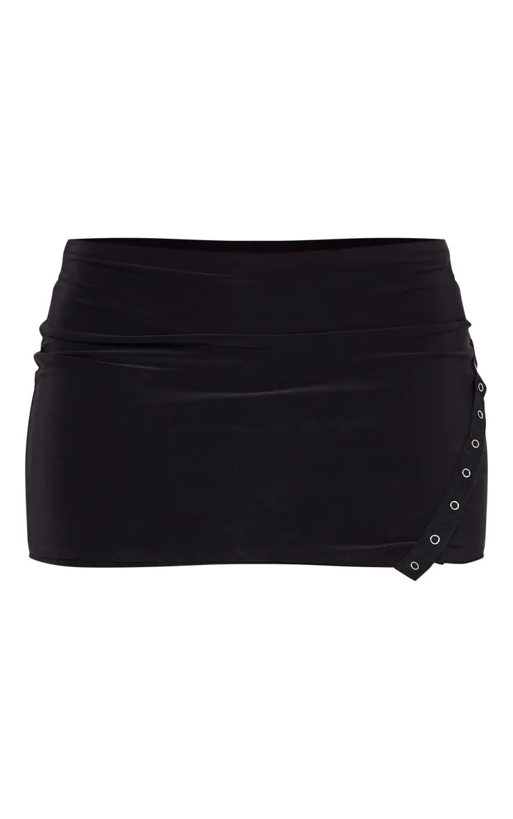 Black Slinky Low Rise Slit Hem Eyelet Detail Micro Mini Skirt