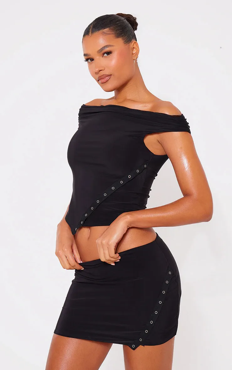 Black Slinky Low Rise Slit Hem Eyelet Detail Micro Mini Skirt