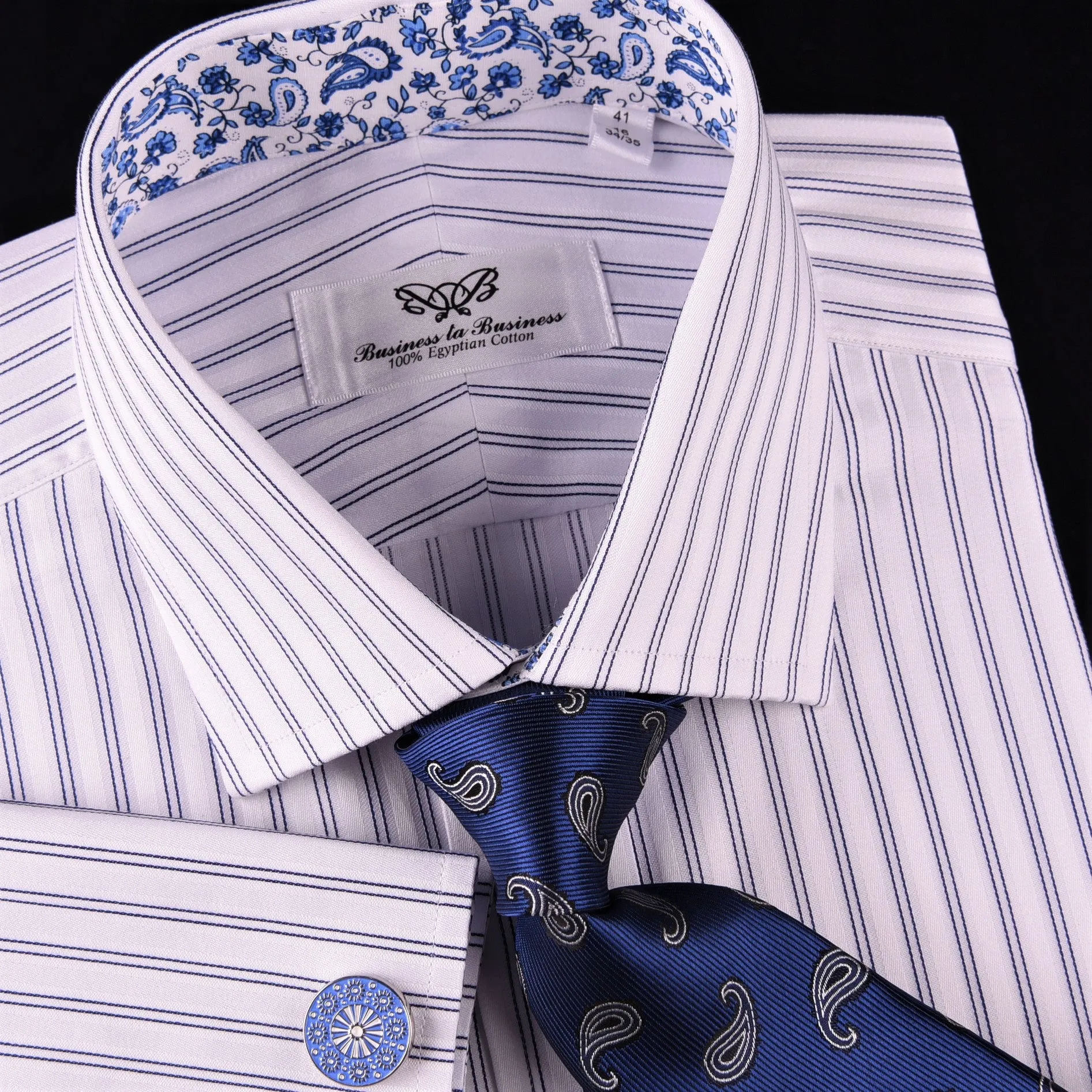 Blue Dual Stripes Formal Business Dress Shirt Paisley Floral Designer Fashion GQ in French Cuffs and Spread Collar