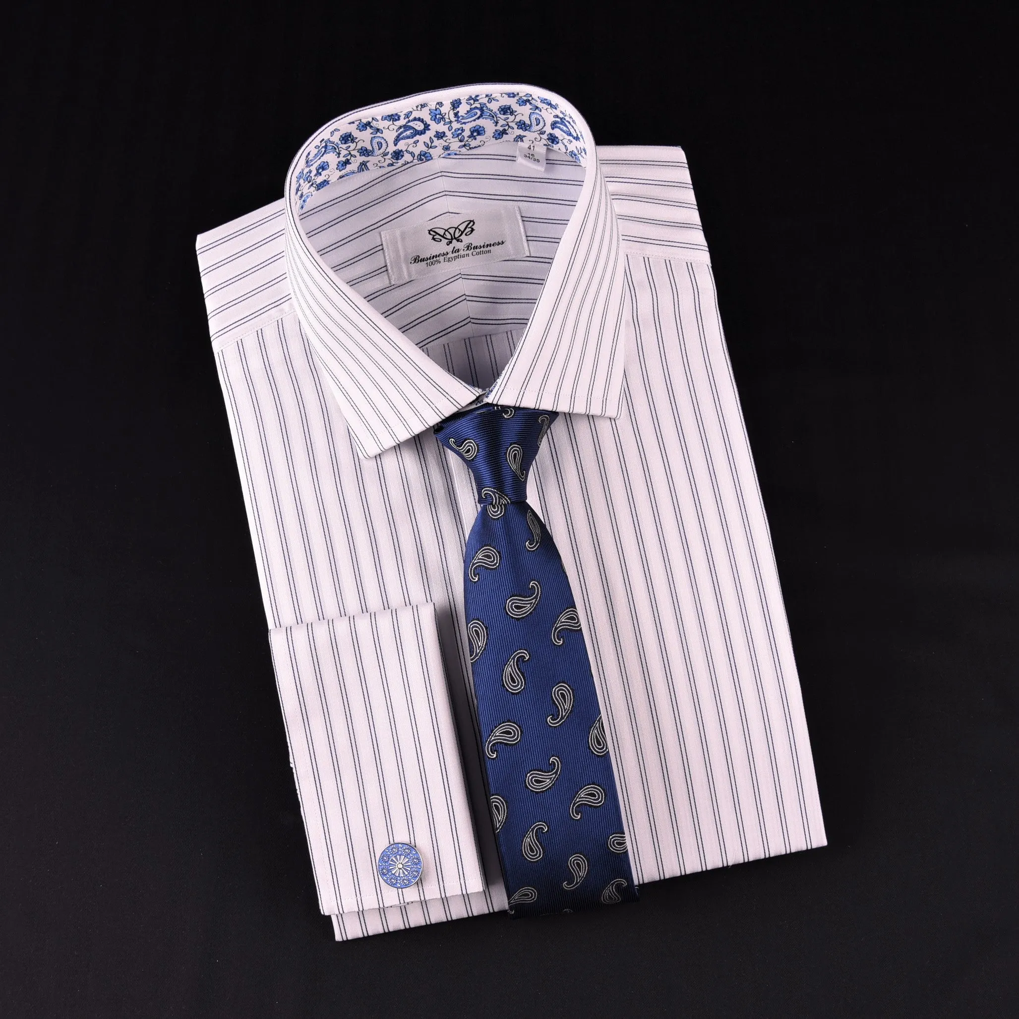 Blue Dual Stripes Formal Business Dress Shirt Paisley Floral Designer Fashion GQ in French Cuffs and Spread Collar