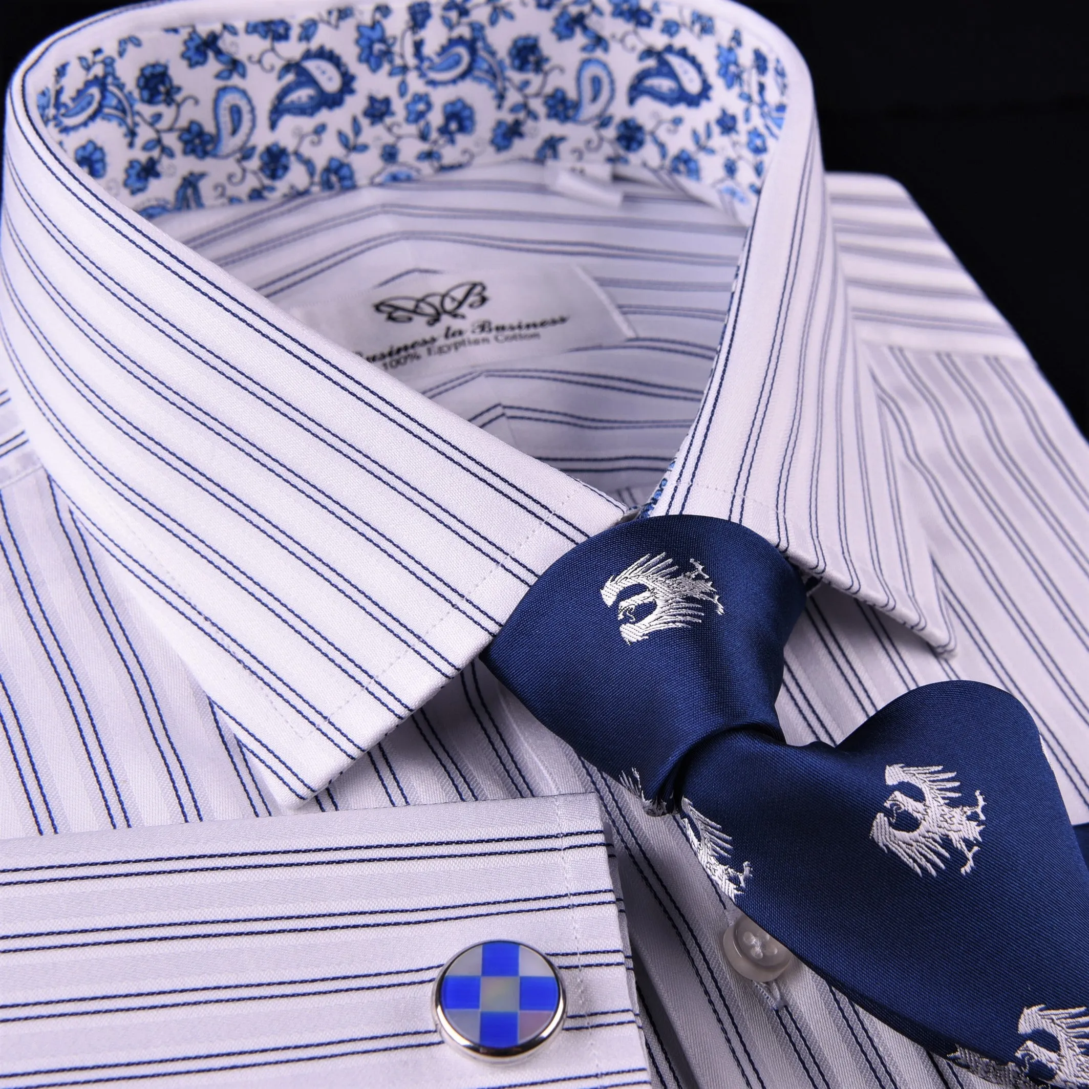 Blue Dual Stripes Formal Business Dress Shirt Paisley Floral Designer Fashion GQ in French Cuffs and Spread Collar