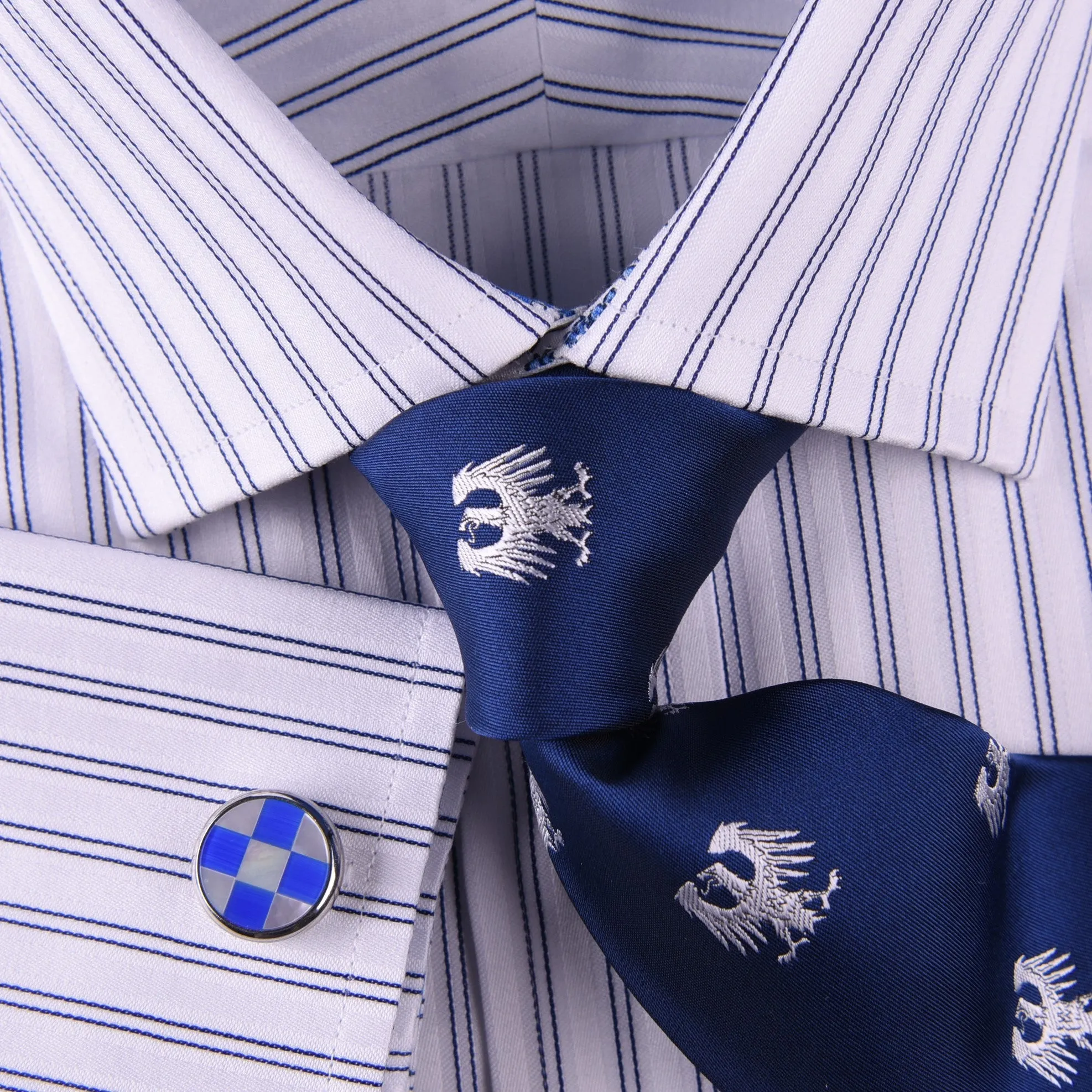 Blue Dual Stripes Formal Business Dress Shirt Paisley Floral Designer Fashion GQ in French Cuffs and Spread Collar