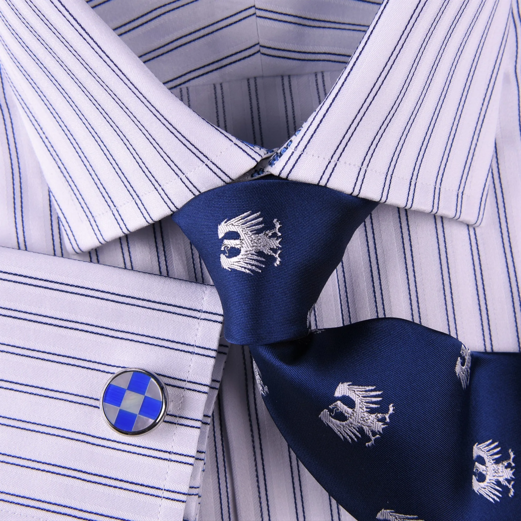 Blue Dual Stripes Formal Business Dress Shirt Paisley Floral Designer Fashion GQ in French Cuffs and Spread Collar