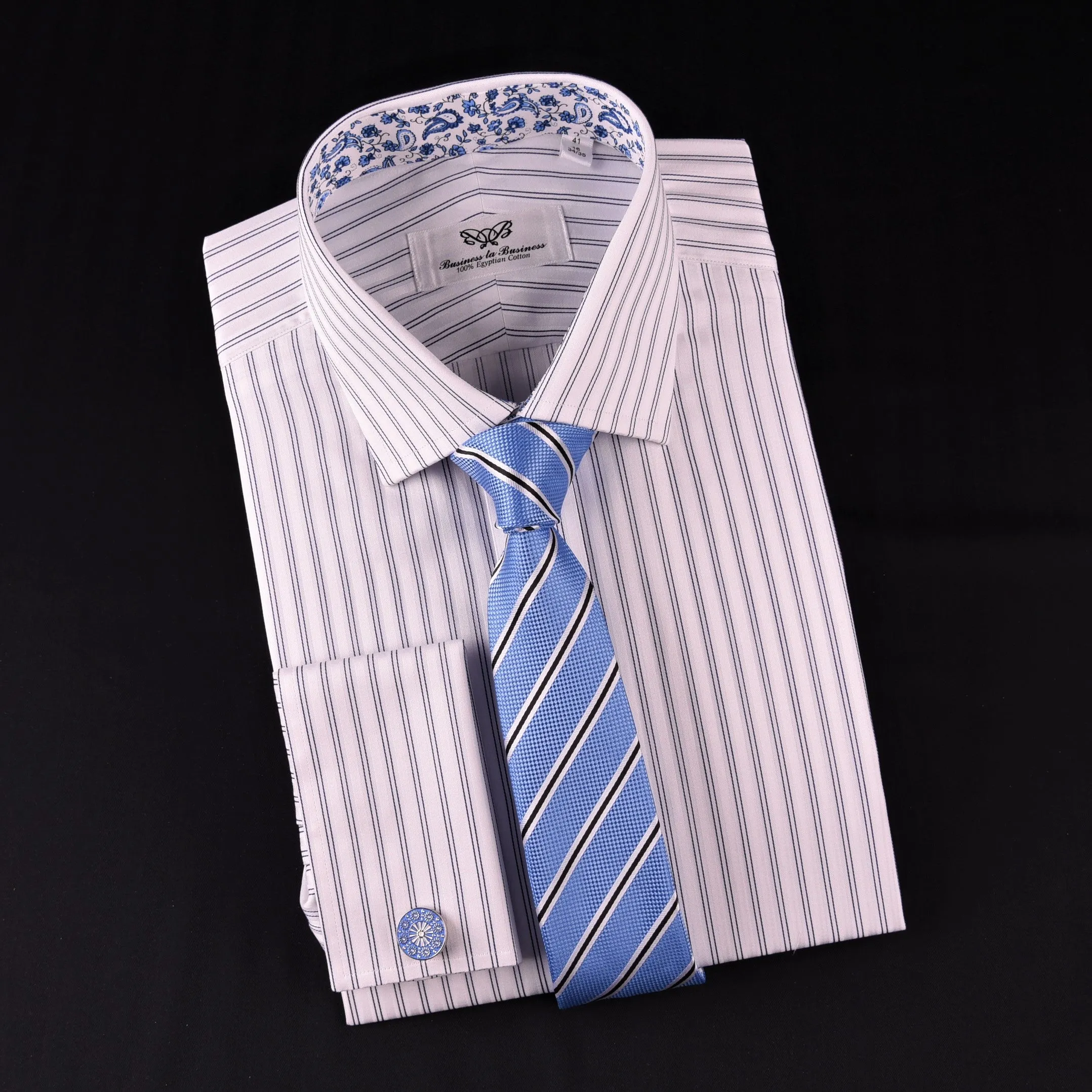 Blue Dual Stripes Formal Business Dress Shirt Paisley Floral Designer Fashion GQ in French Cuffs and Spread Collar