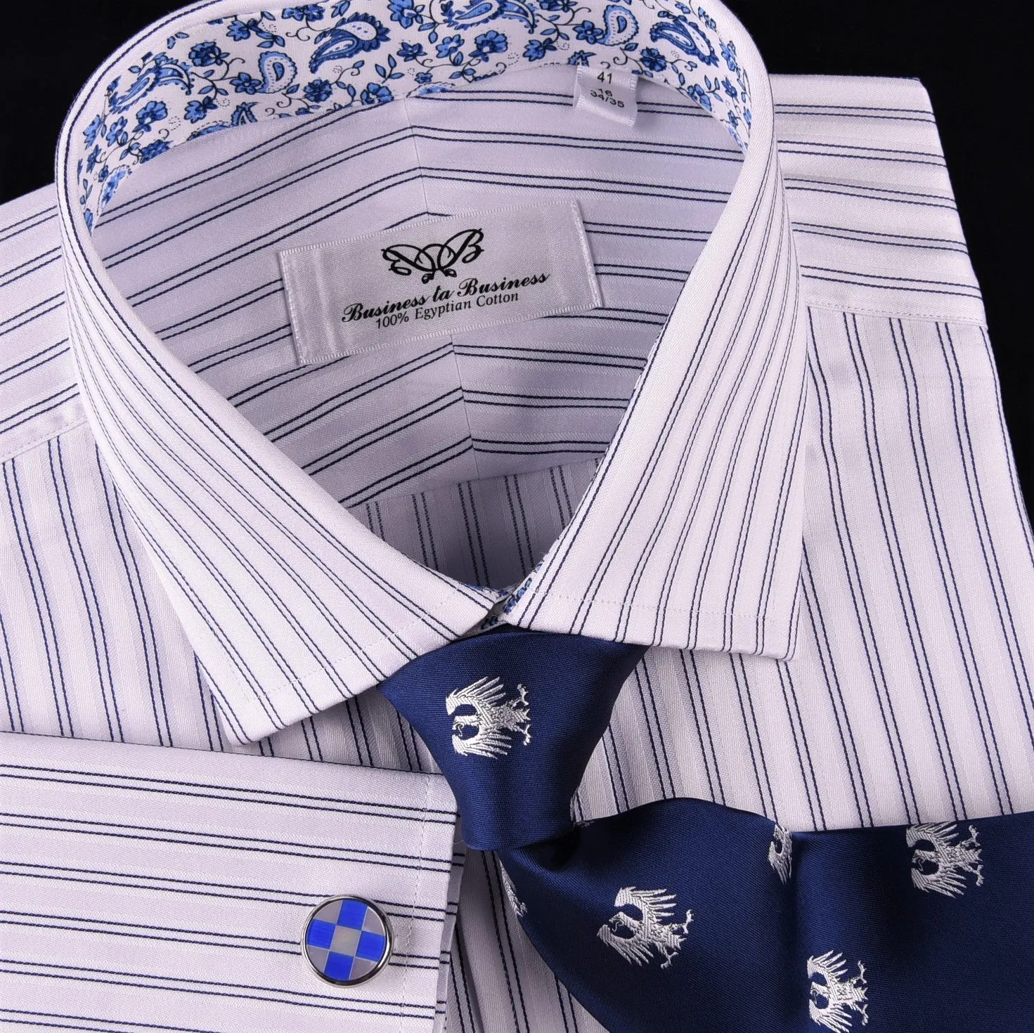 Blue Dual Stripes Formal Business Dress Shirt Paisley Floral Designer Fashion GQ in French Cuffs and Spread Collar