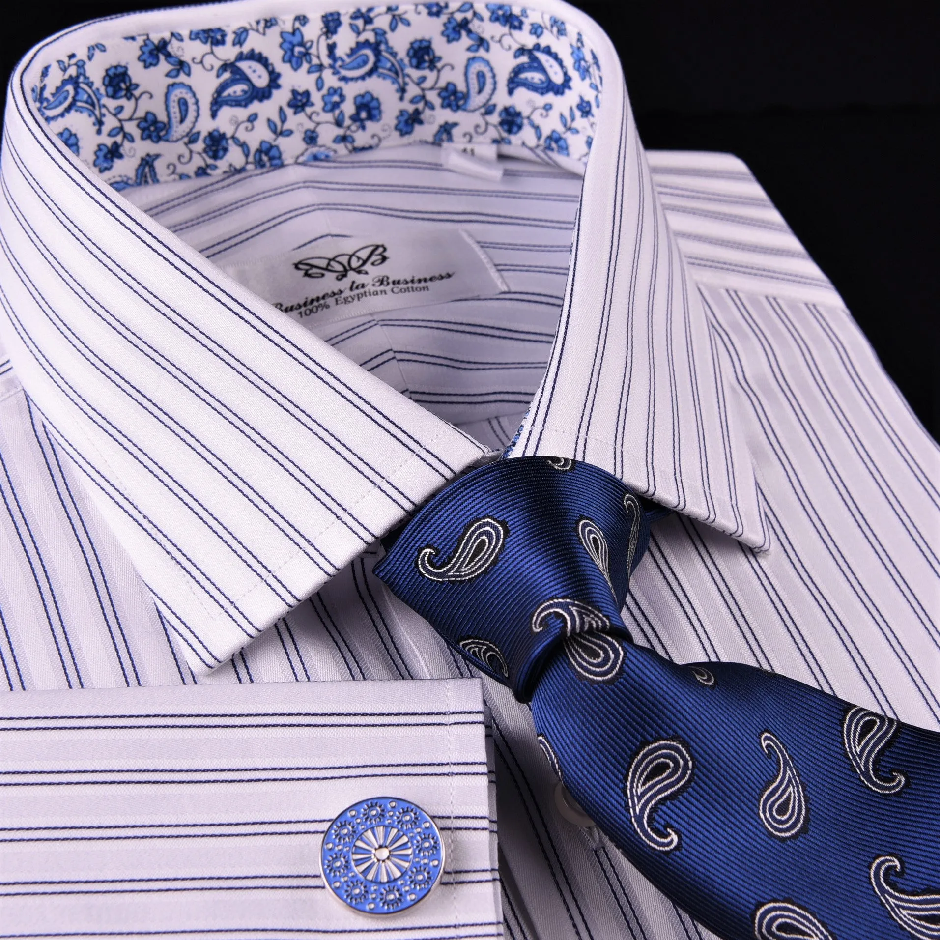 Blue Dual Stripes Formal Business Dress Shirt Paisley Floral Designer Fashion GQ in French Cuffs and Spread Collar