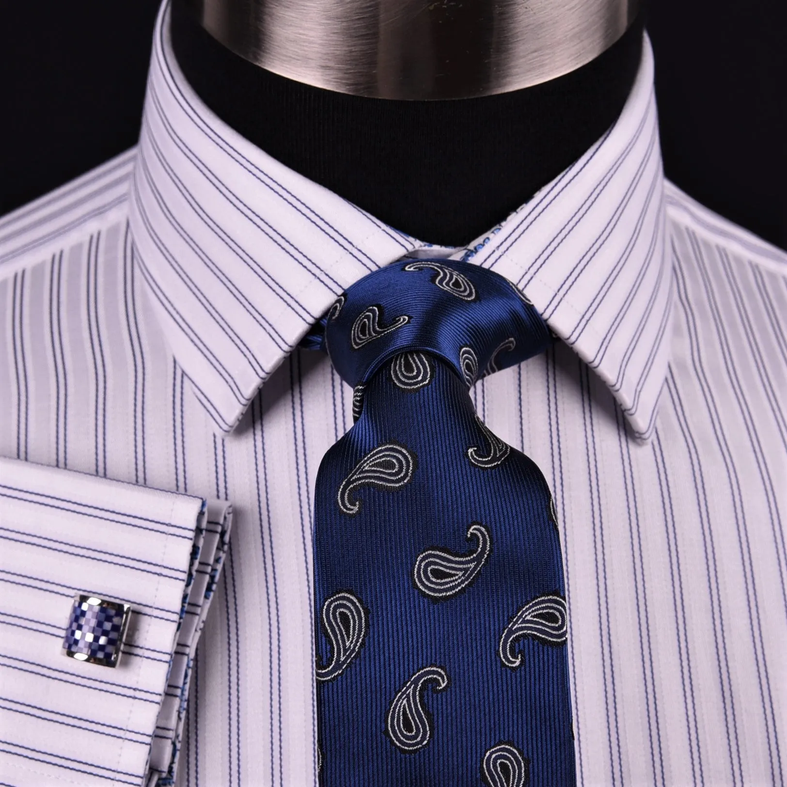 Blue Dual Stripes Formal Business Dress Shirt Paisley Floral Designer Fashion GQ in French Cuffs and Spread Collar