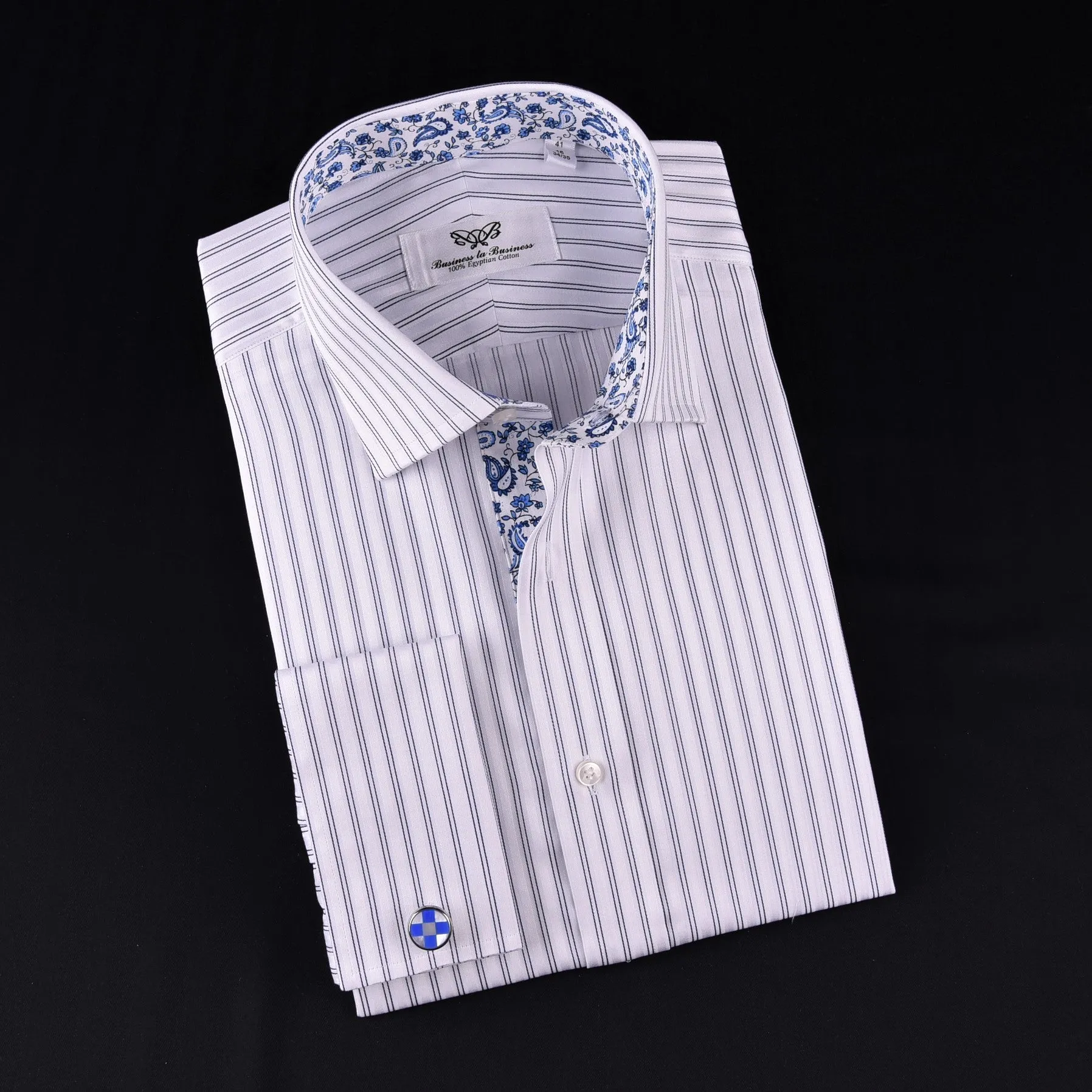 Blue Dual Stripes Formal Business Dress Shirt Paisley Floral Designer Fashion GQ in French Cuffs and Spread Collar