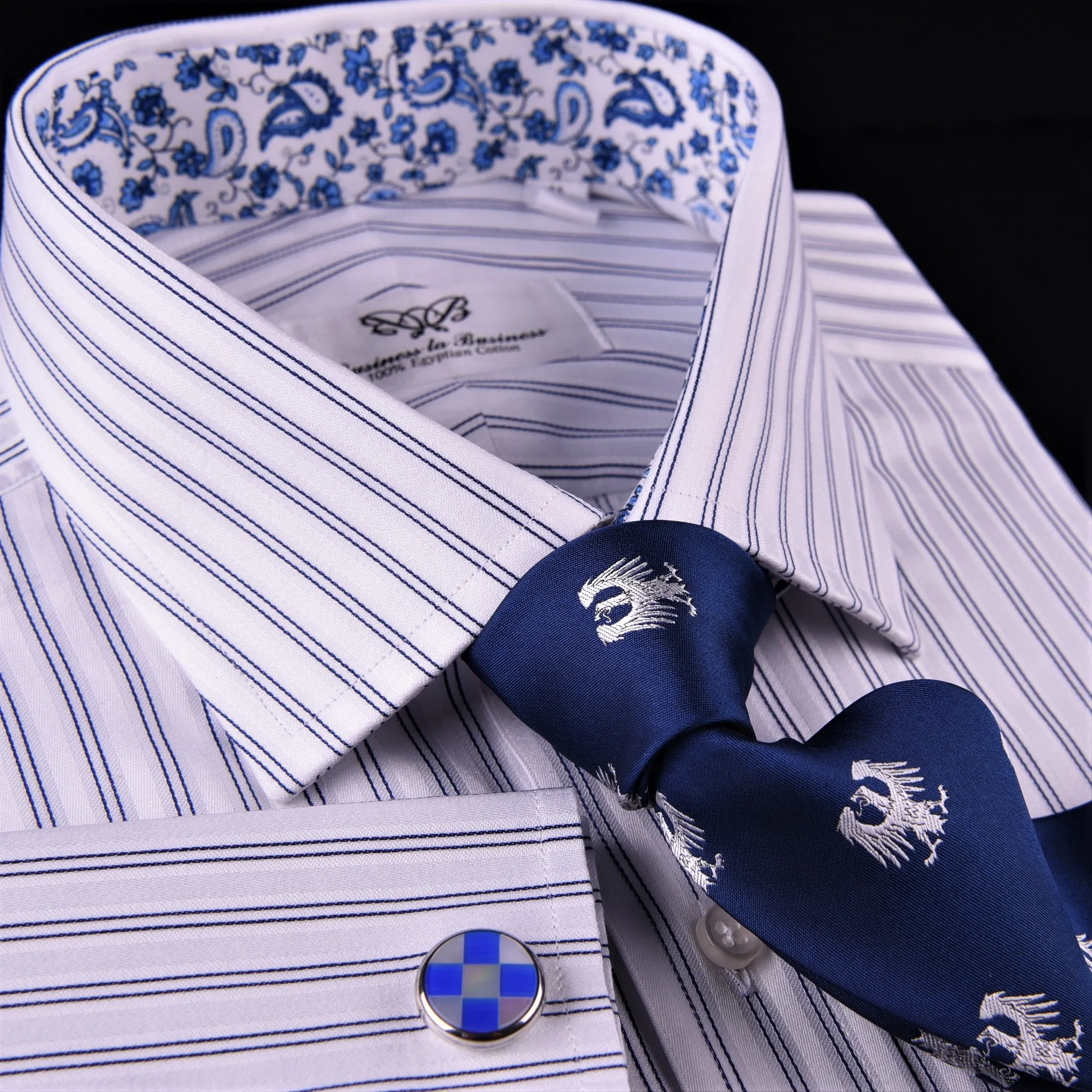 Blue Dual Stripes Formal Business Dress Shirt Paisley Floral Designer Fashion GQ in French Cuffs and Spread Collar