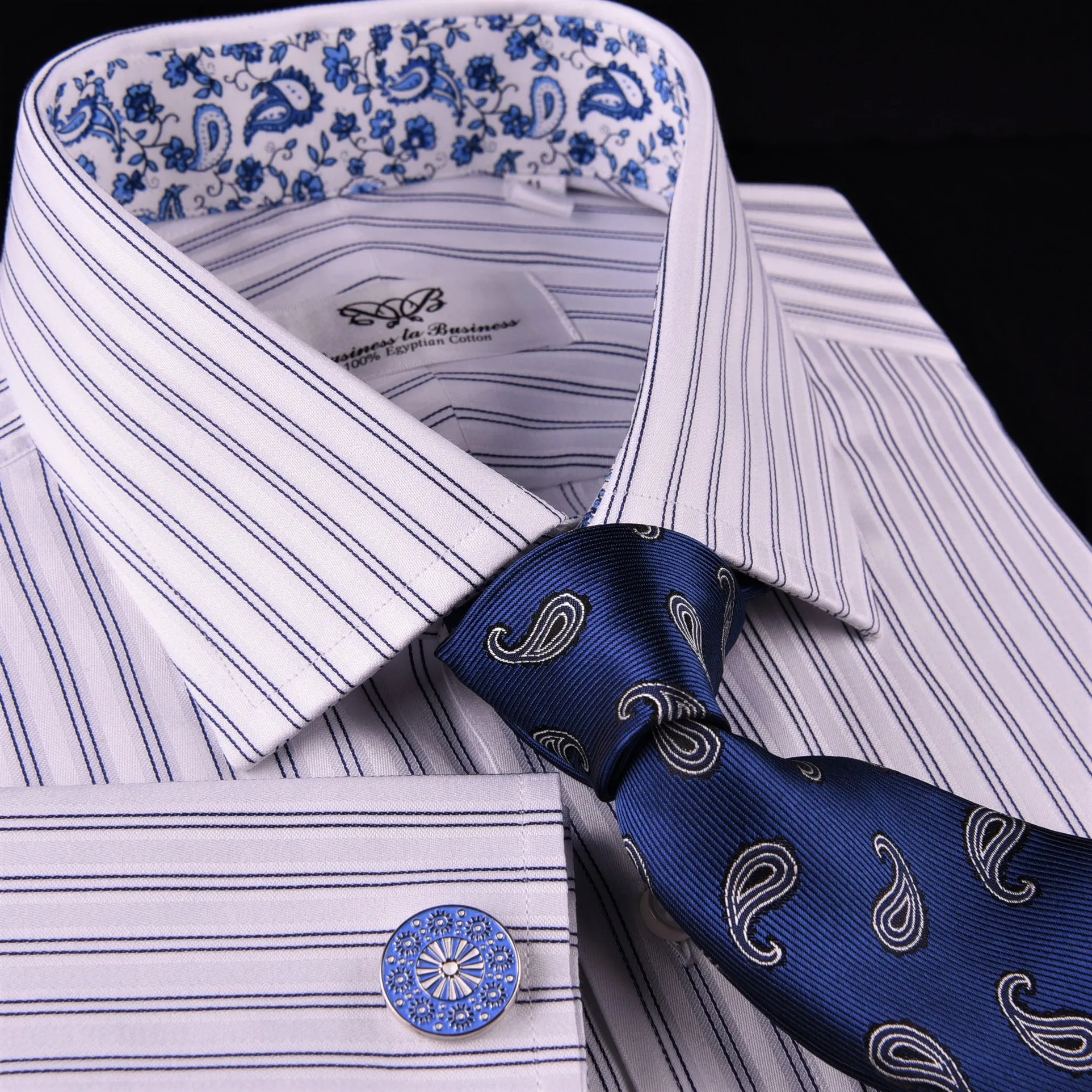 Blue Dual Stripes Formal Business Dress Shirt Paisley Floral Designer Fashion GQ in French Cuffs and Spread Collar