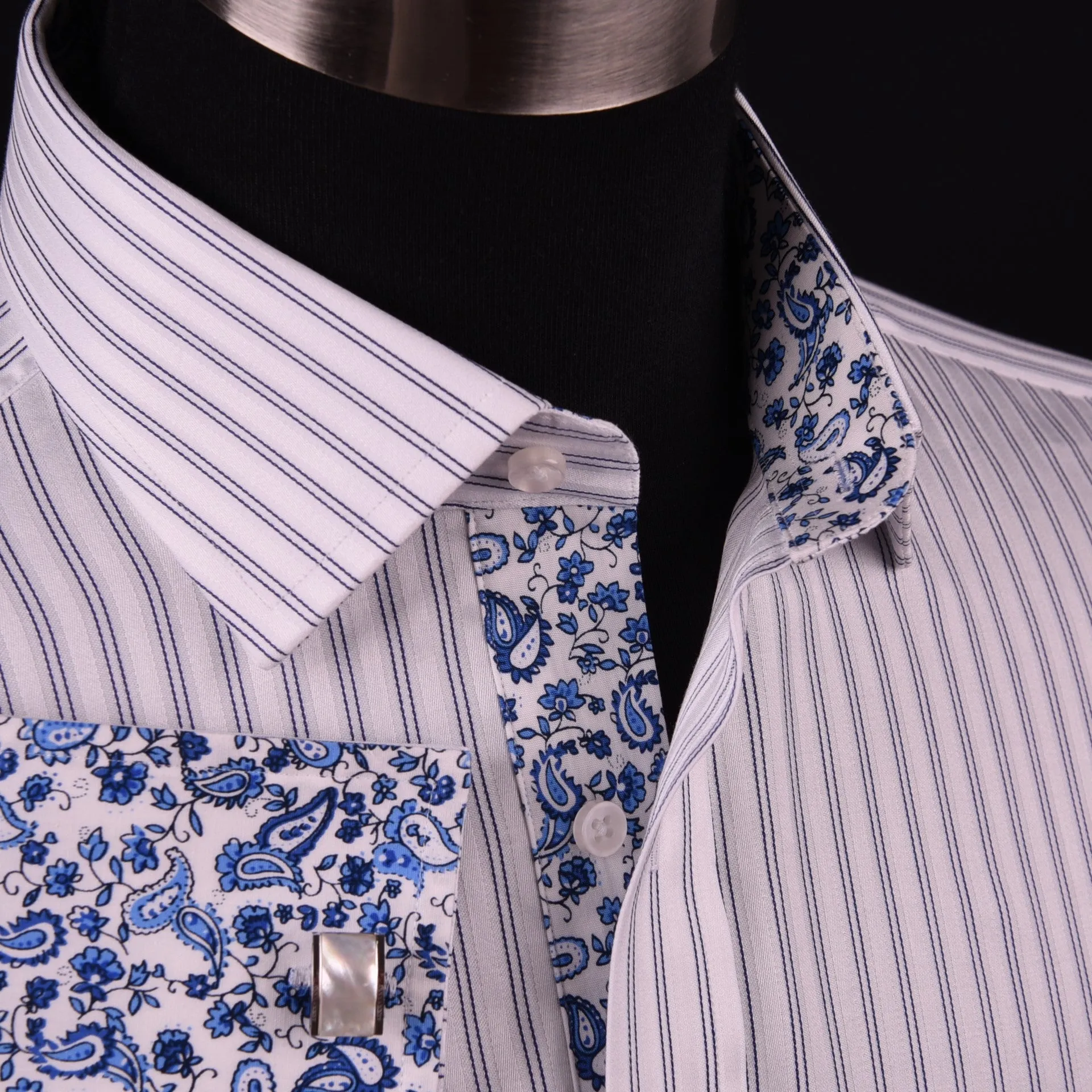 Blue Dual Stripes Formal Business Dress Shirt Paisley Floral Designer Fashion GQ in French Cuffs and Spread Collar