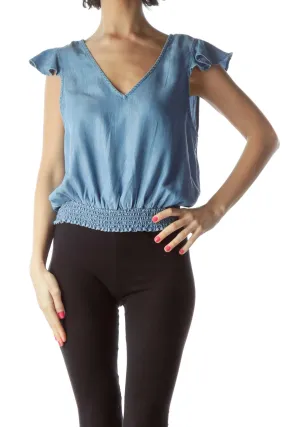 Blue V-Neck Ruffled Top