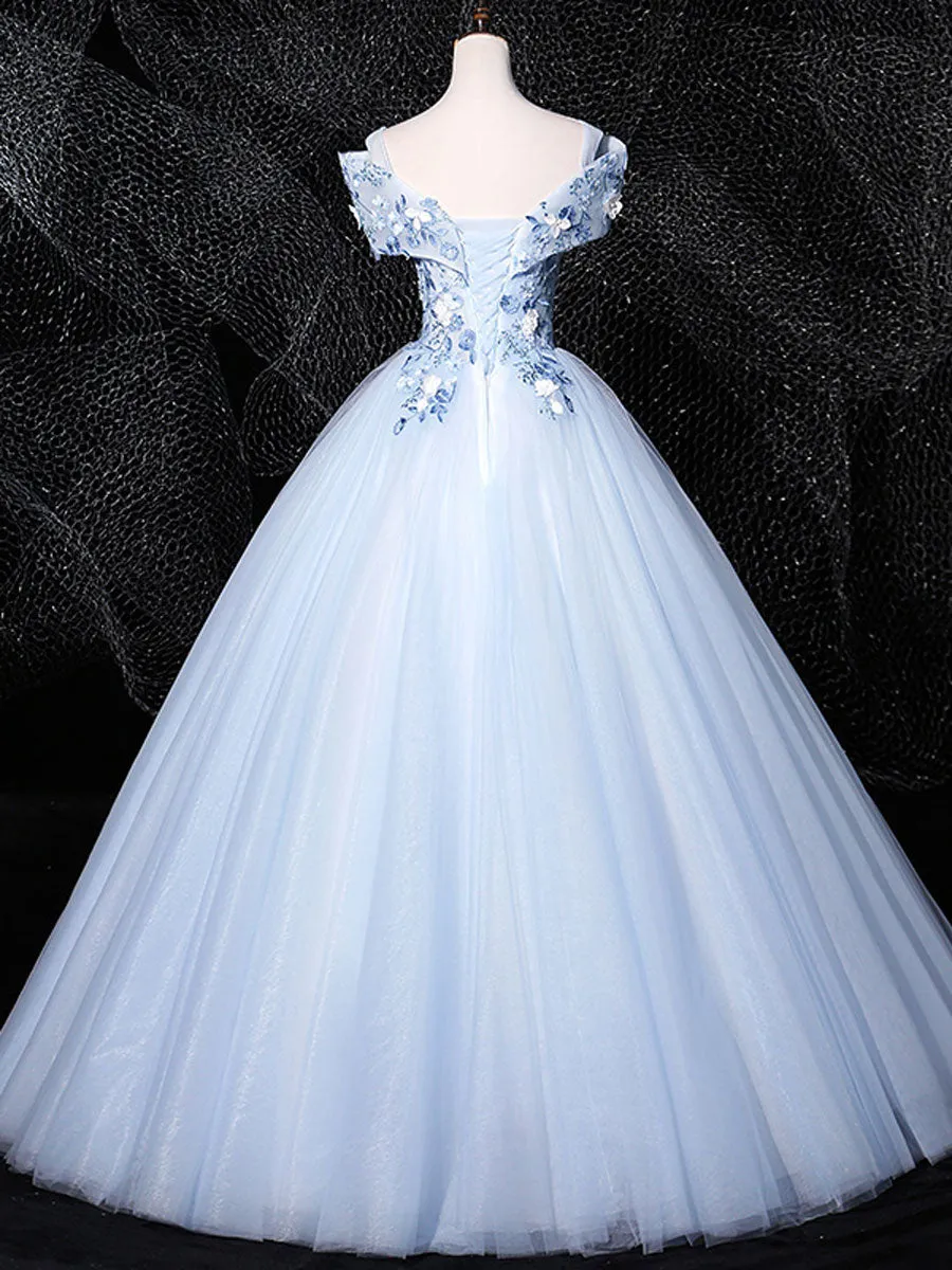 Blue V Neck Tulle Lace Long Formal Prom Dresses. Blue Sweet 16 Dresses