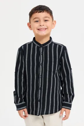 Boys Navy Mandarin Collar Shirt