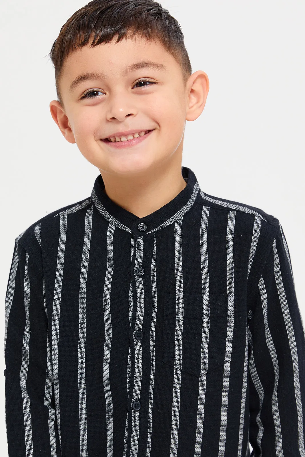 Boys Navy Mandarin Collar Shirt