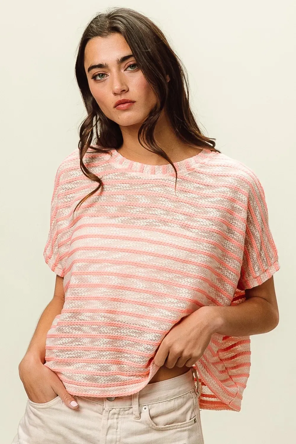 Braid Striped Short Sleeve Round Neck T-Shirt