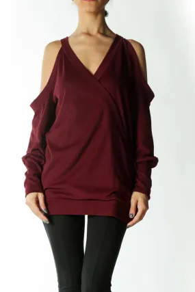 Burgundy Cross-Front Cold-Shoulder V-Neck Long-Sleeve Knit